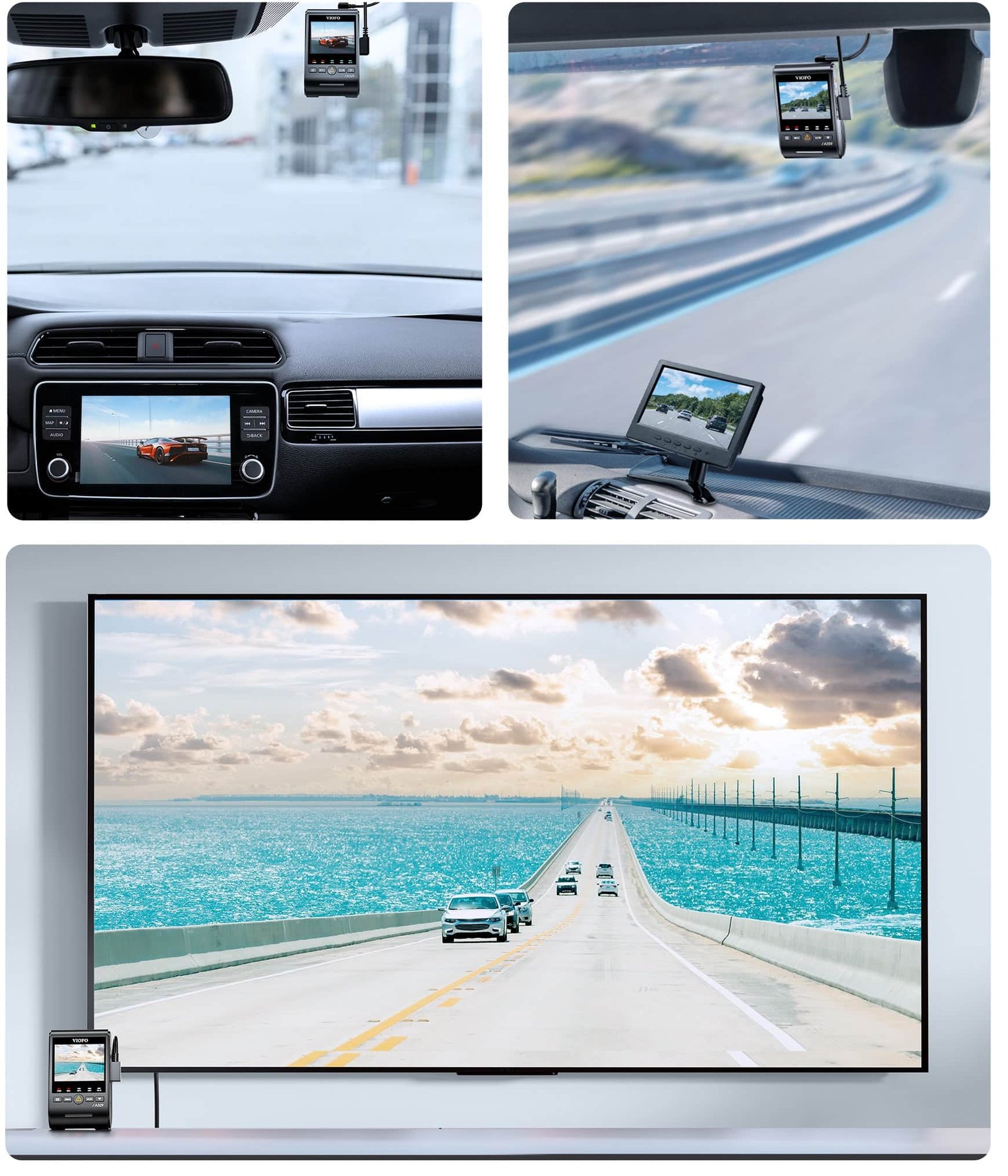 VIOFO A329 1CH Front 4K 60FPS GPS Wi-Fi 6 Dash Cam HDR with Sony STARVIS 2 Sensor Support SSD Storage 39 Various navigation devices displayed in a car, including rearview mirror, dash-mounted, laptop, and large screen navigation systems, with a scenic coastal highway in the background.