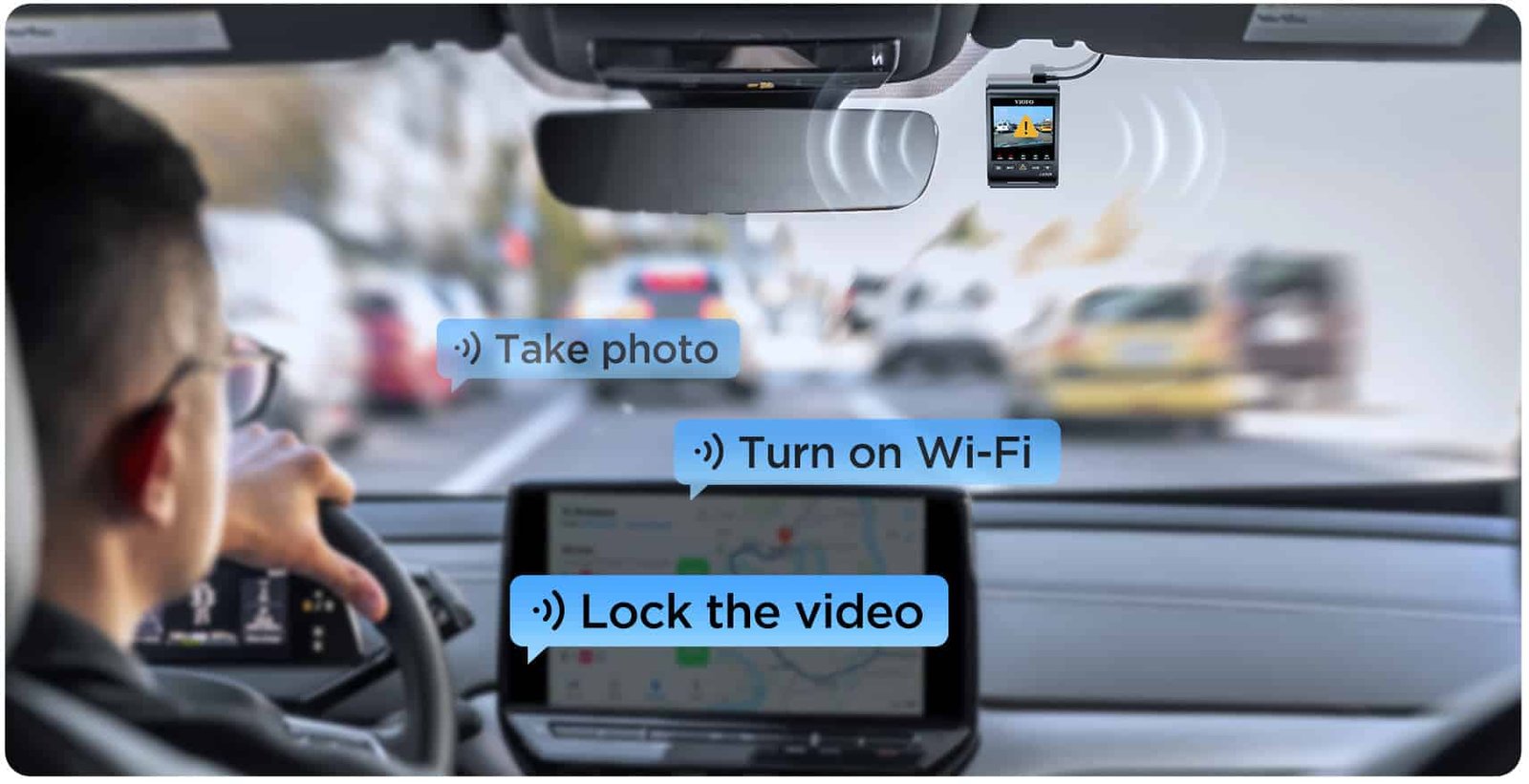 VIOFO A329 1CH Front 4K 60FPS GPS Wi-Fi 6 Dash Cam HDR with Sony STARVIS 2 Sensor Support SSD Storage 40 A person driving a car while interacting with a high-tech dashboard displaying options like 'Take photo', 'Turn on Wi-Fi', and 'Lock the video'.