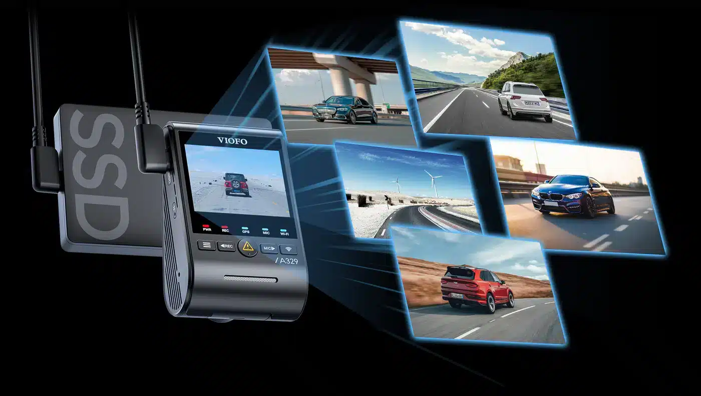 VIOFO A329 1CH Front 4K 60FPS GPS Wi-Fi 6 Dash Cam HDR with Sony STARVIS 2 Sensor Support SSD Storage 36 Dashcam device showcasing various features with multiple inset images of cars on different roads and environments.