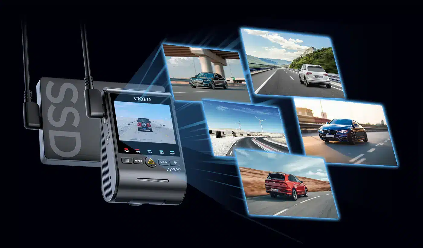 A montage of a dashcam device with antennae against a black background, surrounded by snapshots of various cars in motion reflecting the camera's recording capabilities.