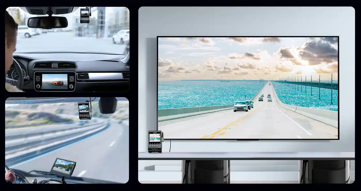 A split-view image showing the interior of a modern car with multiple screens displaying navigational information, juxtaposed with a large television screen showing a scenic ocean bridge highway.