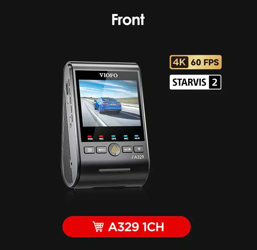 VIOFO A329 1CH dash camera front view displaying 4K 60 FPS STARVIS 2 technology on a black background.