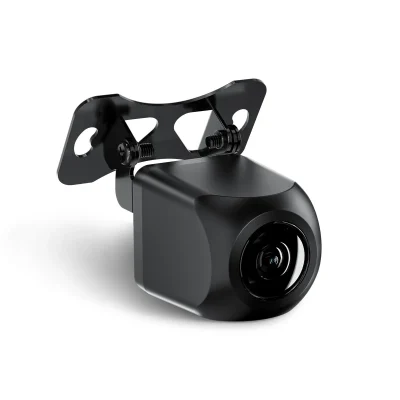 A modern black action camera attached to a mounting bracket against a white background.