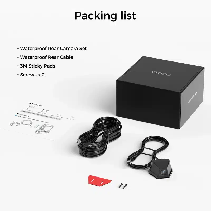 VIOFO RWC200 Waterproof Rear Camera for A229 Plus/A229 Pro 8 An image showing a waterproof rear camera set, including a cable, 3M sticky pads, screws, and an instruction guide with a black product box by VIOFO.