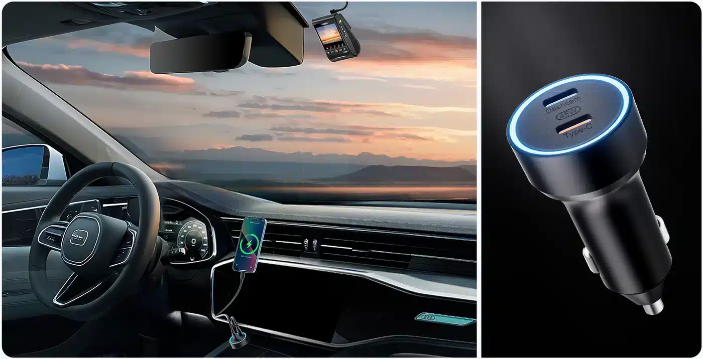 VIOFO A329 1CH Front 4K 60FPS GPS Wi-Fi 6 Dash Cam HDR with Sony STARVIS 2 Sensor Support SSD Storage 43 Left image: Interior of a car with steering wheel and mobile phone charging on dashboard in twilight. Right image: Close-up of a car USB charger with LED light.