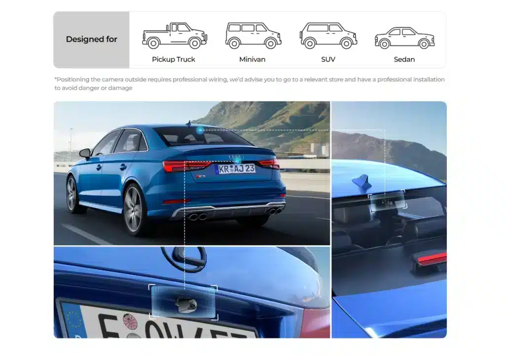 A blue sedan equipped with a rear external camera system demonstrating compatibility with various vehicle types including pickup truck, minivan, SUV, and sedan.