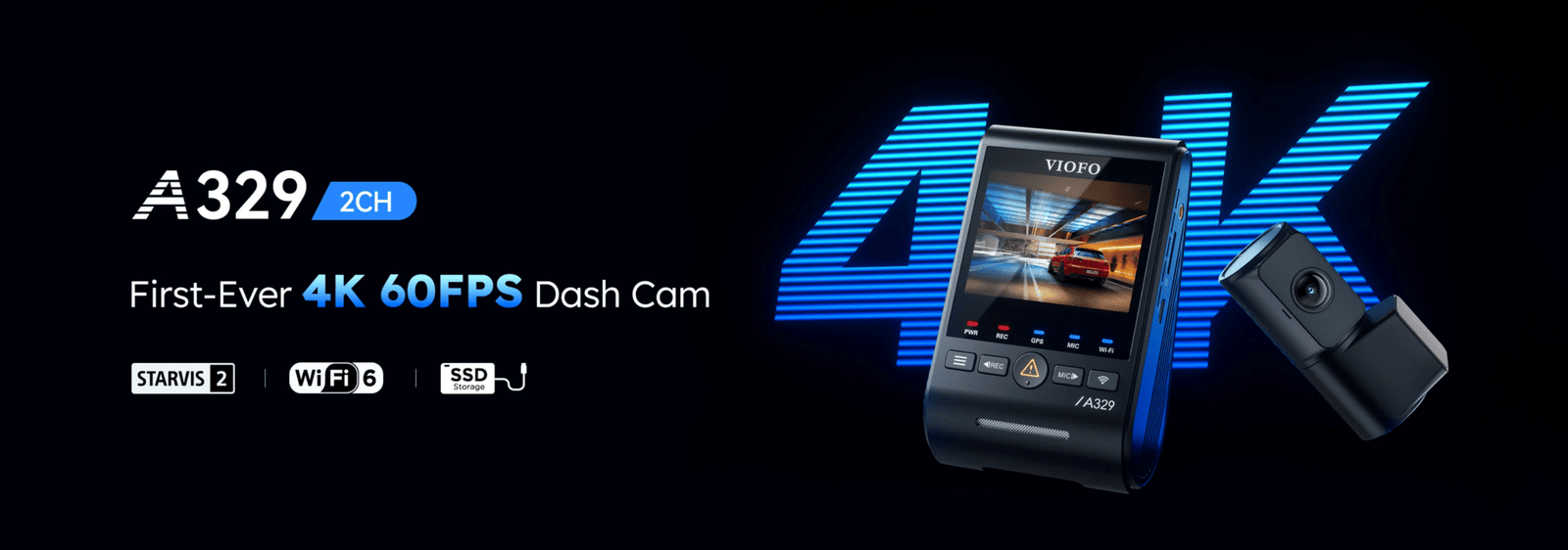A 4K 60 frames per second dash camera by VIOFO displayed with features like STARVIS, Wi-Fi, and SSD storage on a sleek black and blue promotional background.