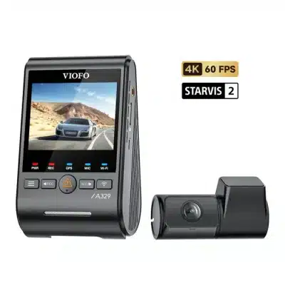 Front view of a VIOFO brand dashcam with a display showing a car on the road and text labels indicating 4K 60 FPS and STARVIS 2 features, alongside its rear camera module.