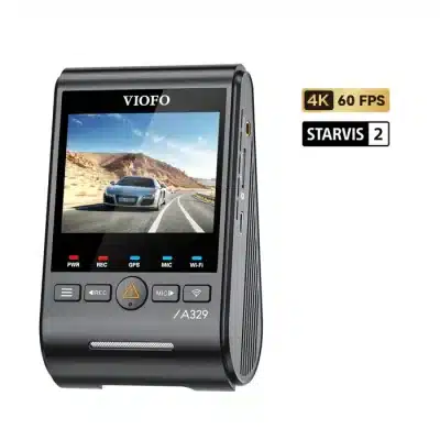 A VIOFO A329 car dash camera with 4K 60 FPS STARVIS 2 technology, showing a screen with a recording of a car on a desert road.