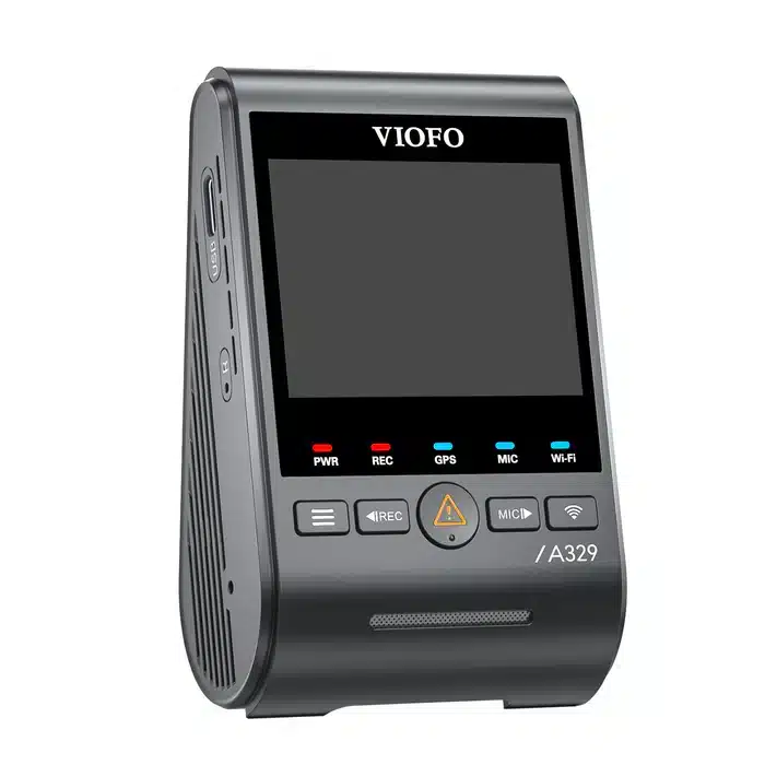 VIOFO A329 1CH Front 4K 60FPS GPS Wi-Fi 6 Dash Cam HDR with Sony STARVIS 2 Sensor Support SSD Storage 27 A black VIOFO A329 dash cam with a display screen and labeled control buttons for power, recording, GPS, microphone, and Wi-Fi.