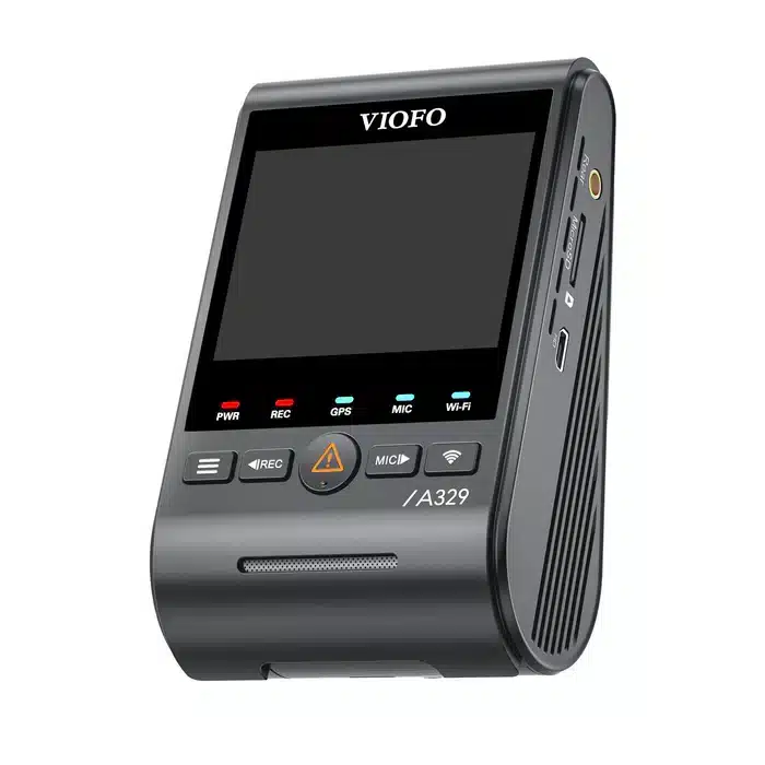 VIOFO A329 1CH Front 4K 60FPS GPS Wi-Fi 6 Dash Cam HDR with Sony STARVIS 2 Sensor Support SSD Storage 28 A VIOFO brand dash camera with screen and multiple control buttons, including power, recording, GPS, microphone, and Wi-Fi functionality.