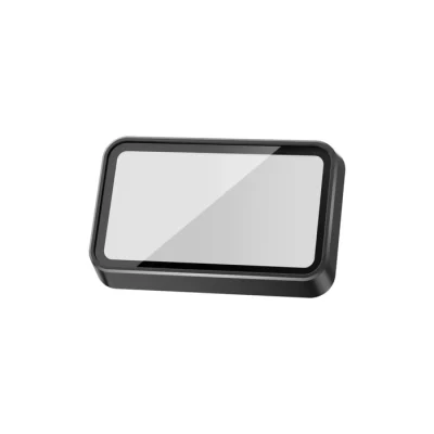 A handheld mirror with a black frame and rectangular shape, isolated on a white background.