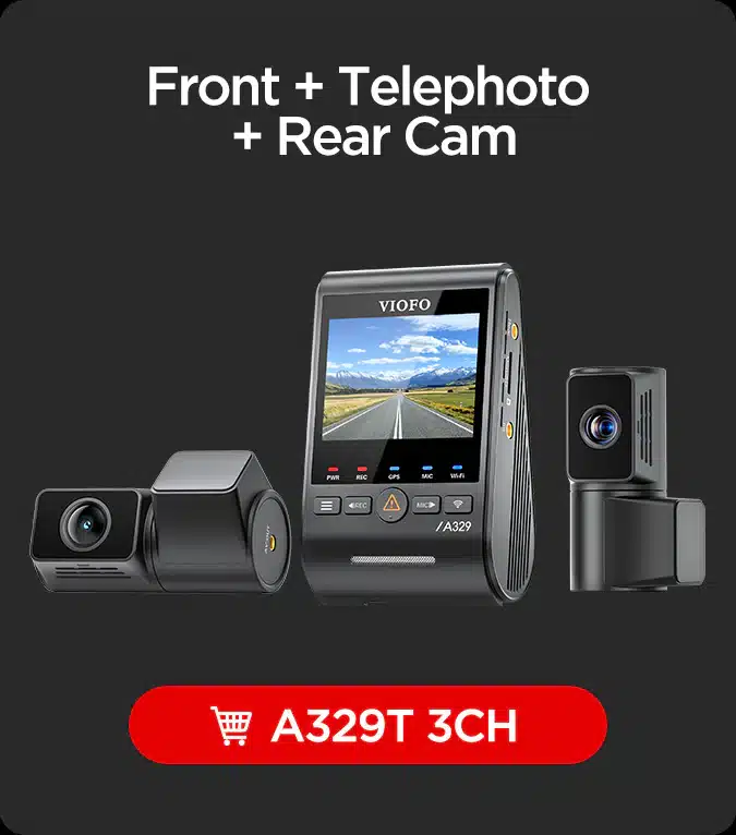 VIOFO A329T DASH CAMERA - 3 CHANNEL WITH FRONT, TELEPHOTO AND REAR CAMERA.